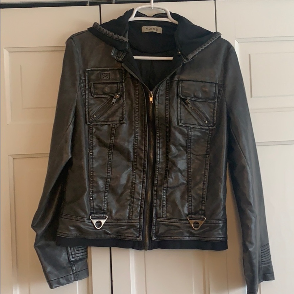 Faux Leather Moto Jacket w/ button off hood